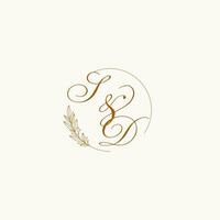 Initials SD wedding monogram logo with leaves and elegant circular lines vector