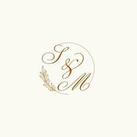 Initials SM wedding monogram logo with leaves and elegant circular lines vector