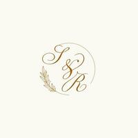 Initials SR wedding monogram logo with leaves and elegant circular lines vector