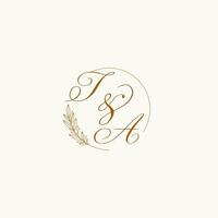 Initials TA wedding monogram logo with leaves and elegant circular lines vector