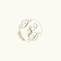 Initials TD wedding monogram logo with leaves and elegant circular lines vector