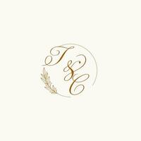 Initials TC wedding monogram logo with leaves and elegant circular lines vector