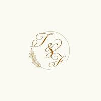 Initials TF wedding monogram logo with leaves and elegant circular lines vector