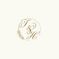 Initials TH wedding monogram logo with leaves and elegant circular lines vector