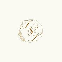 Initials TL wedding monogram logo with leaves and elegant circular lines vector