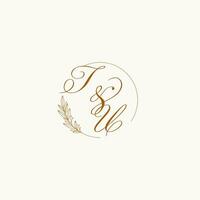 Initials TU wedding monogram logo with leaves and elegant circular lines vector