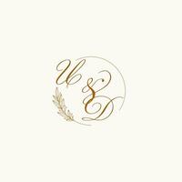 Initials UD wedding monogram logo with leaves and elegant circular lines vector