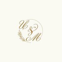 Initials UM wedding monogram logo with leaves and elegant circular lines vector