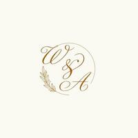 Initials WA wedding monogram logo with leaves and elegant circular lines vector