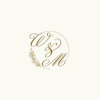 Initials WM wedding monogram logo with leaves and elegant circular lines vector