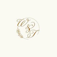 Initials WT wedding monogram logo with leaves and elegant circular lines vector