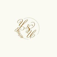 Initials YU wedding monogram logo with leaves and elegant circular lines vector