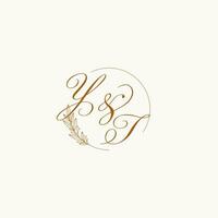 Initials YT wedding monogram logo with leaves and elegant circular lines vector