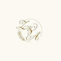 Initials ZA wedding monogram logo with leaves and elegant circular lines vector