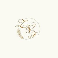 Initials ZF wedding monogram logo with leaves and elegant circular lines vector