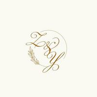 Initials ZY wedding monogram logo with leaves and elegant circular lines vector