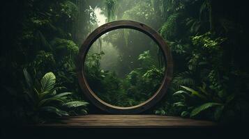 Generative AI, Empty circle wooden frame and tropical leaves on jungle background. For product display. photo