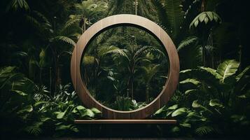 Generative AI, Empty circle wooden frame and tropical leaves on jungle background. For product display. photo