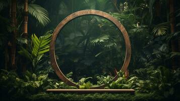 Generative AI, Empty circle wooden frame and tropical leaves on jungle background. For product display. photo