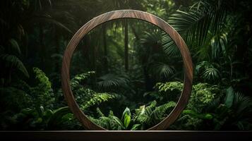 Generative AI, Empty circle wooden frame and tropical leaves on jungle background. For product display. photo