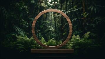 Generative AI, Empty circle wooden frame and tropical leaves on jungle background. For product display. photo