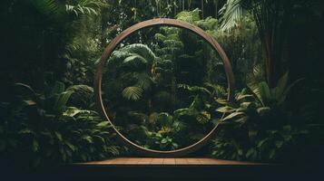 Generative AI, Empty circle wooden frame and tropical leaves on jungle background. For product display. photo