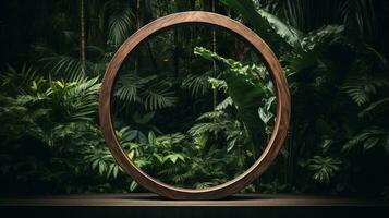 Generative AI, Empty circle wooden frame and tropical leaves on jungle background. For product display. photo