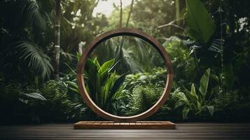 Generative AI, Empty circle wooden frame and tropical leaves on jungle background. For product display. photo