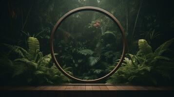 Generative AI, Empty circle wooden frame and tropical leaves on jungle background. For product display. photo