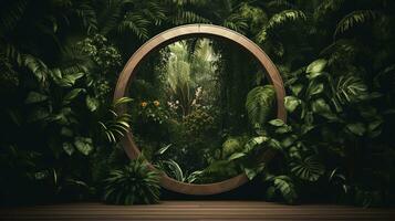 generativo ai, vacío circulo de madera marco y tropical hojas en selva antecedentes. para producto mostrar. foto