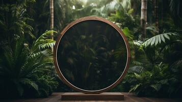 Generative AI, Empty circle wooden frame and tropical leaves on jungle background. For product display. photo