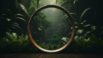 Generative AI, Empty circle wooden frame and tropical leaves on jungle background. For product display. photo