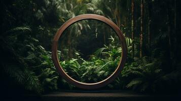 Generative AI, Empty circle wooden frame and tropical leaves on jungle background. For product display. photo