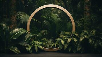 Generative AI, Empty circle wooden frame and tropical leaves on jungle background. For product display. photo