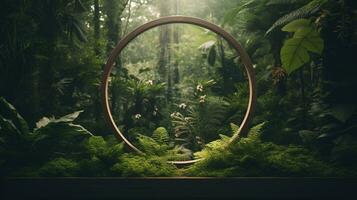 Generative AI, Empty circle wooden frame and tropical leaves on jungle background. For product display. photo