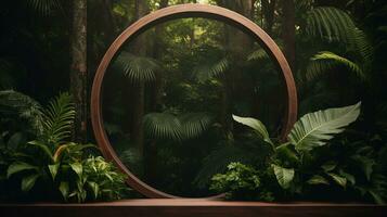 Generative AI, Empty circle wooden frame and tropical leaves on jungle background. For product display. photo