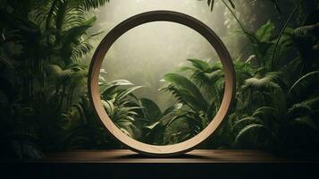 Generative AI, Empty circle wooden frame and tropical leaves on jungle background. For product display. photo