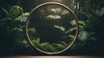 Generative AI, Empty circle wooden frame and tropical leaves on jungle background. For product display. photo