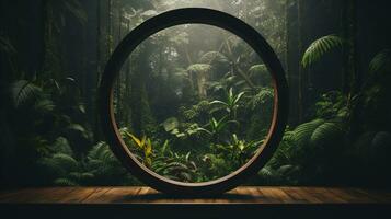 Generative AI, Empty circle wooden frame and tropical leaves on jungle background. For product display. photo