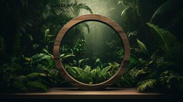 Generative AI, Empty circle wooden frame and tropical leaves on jungle background. For product display. photo