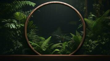 Generative AI, Empty circle wooden frame and tropical leaves on jungle background. For product display. photo