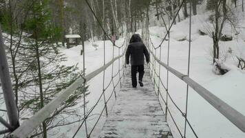 cable suspensión puente terminado belokurikha río, invierno video