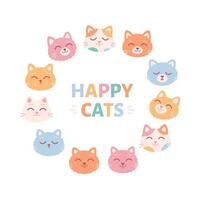 Cute cat faces. Cat characters with different emotions and facial expressions. vector