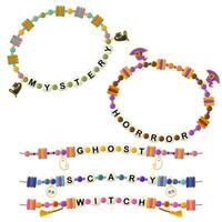 Happy Halloween collection of jewelry and children's ornaments. Set of bright colorful braided bracelets made of handmade plastic beads with words from the letters mystery, horror, ghost, scary, witch vector