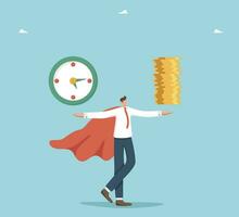 Time is money, long-term return on investment, pension fund concept, interest income from investments or deposits, time to receive money, hourly wages, man holds clock and stack of coins on his hands. vector