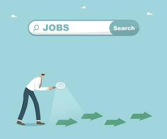 Looking for a new job or employment, career path or promotion, ladder of success, new career vacancy, looking for new opportunities and work, man with magnifier walks the arrows under job search bar. vector