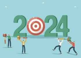 Team business goals for new year 2024, brainstorming to develop strategy or plan to achieve financial goals, cooperation for success, results in new year, men with darts near 2024 with board for darts vector