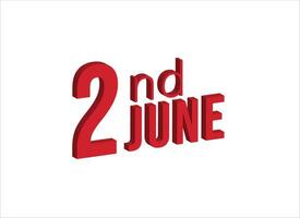 2do junio , diario calendario hora y fecha calendario símbolo. moderno diseño, 3d representación. blanco antecedentes. vector