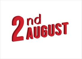 2do agosto , diario calendario hora y fecha calendario símbolo. moderno diseño, 3d representación. blanco antecedentes. vector