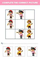 Education game for children complete the correct picture of a cute cartoon young pirate crew printable pirate worksheet vector